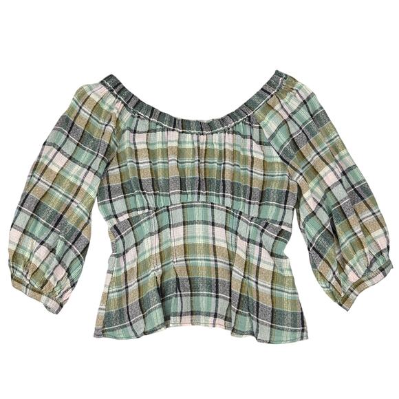 FREE PEOPLE Teagan Blouse With Volume Sleeve In Plaid-Blues Sz Medium - Picture 4 of 7